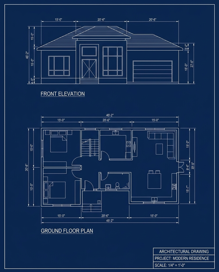 Architectural blueprint technical drawing of a house